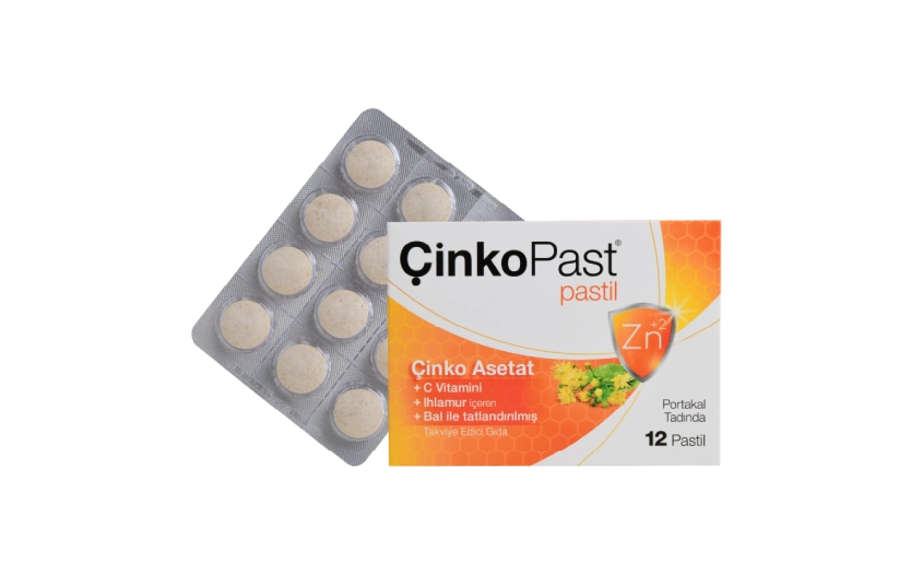 Çinkopast Pastil 
Portakal Tadında Çinko Asetat, C Vitamini, Ihlamur, Bal ile Tatlandırılmış 12 Adet Pastil