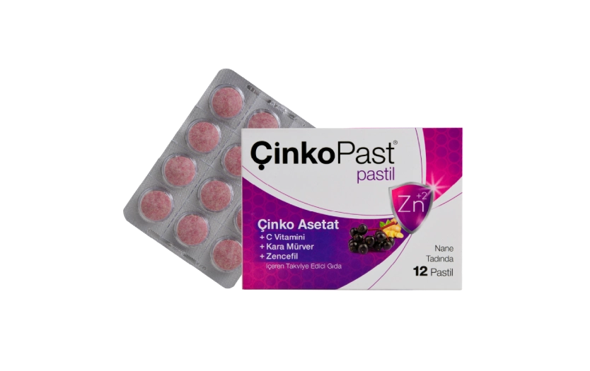 Çinkopast Pastil 
Nane Tadında Çinko Asetat, C Vitamini, Kara Mürver, Zencefil 12 Pastil